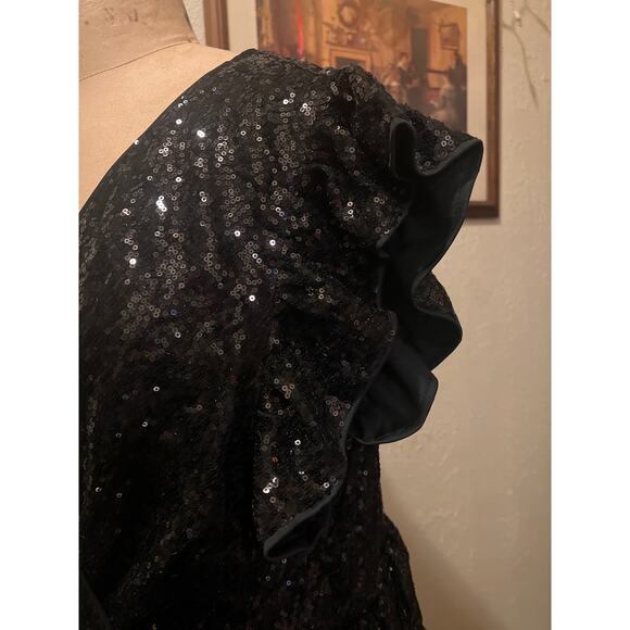 Black Sparkly Sequin V-neck Ruffle Sleeve Tiered Dress Size 4XL - Picture 6 of 12